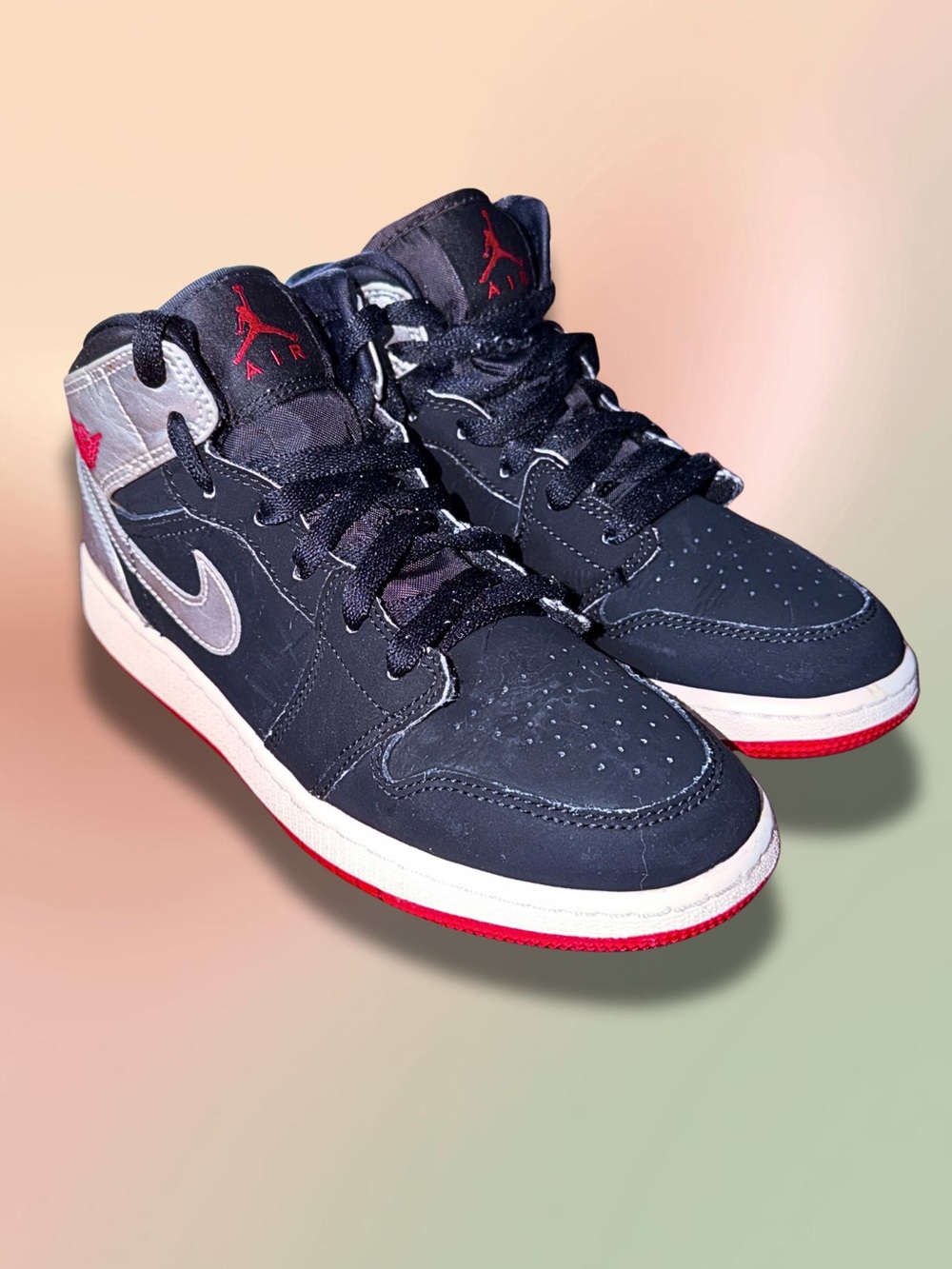 Air Jordan 1 Mid Black Red Silver GS 5Y 554725-057